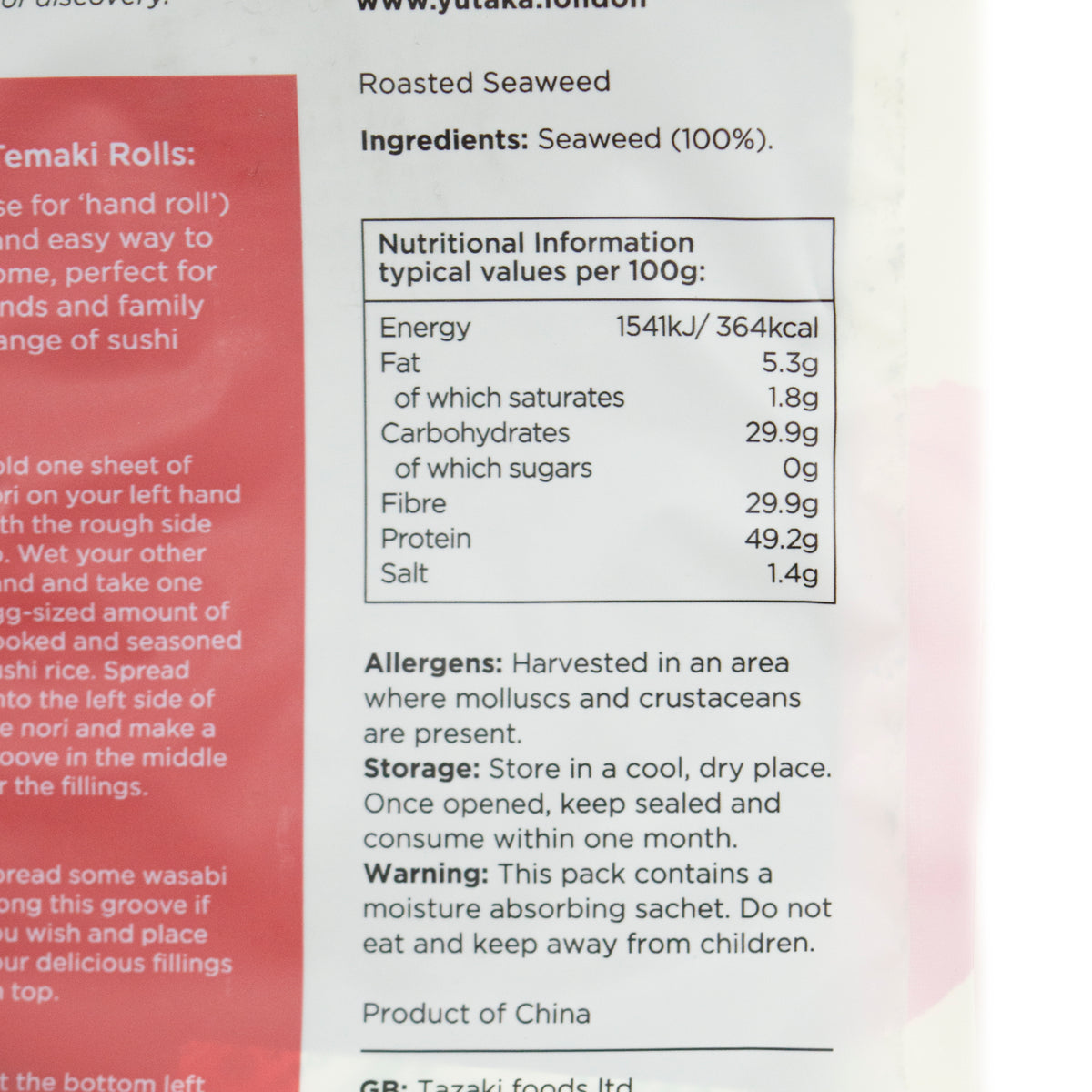 Yutaka Sushi Nori Half Cut Roasted Seaweed 14g (10 Sheets)