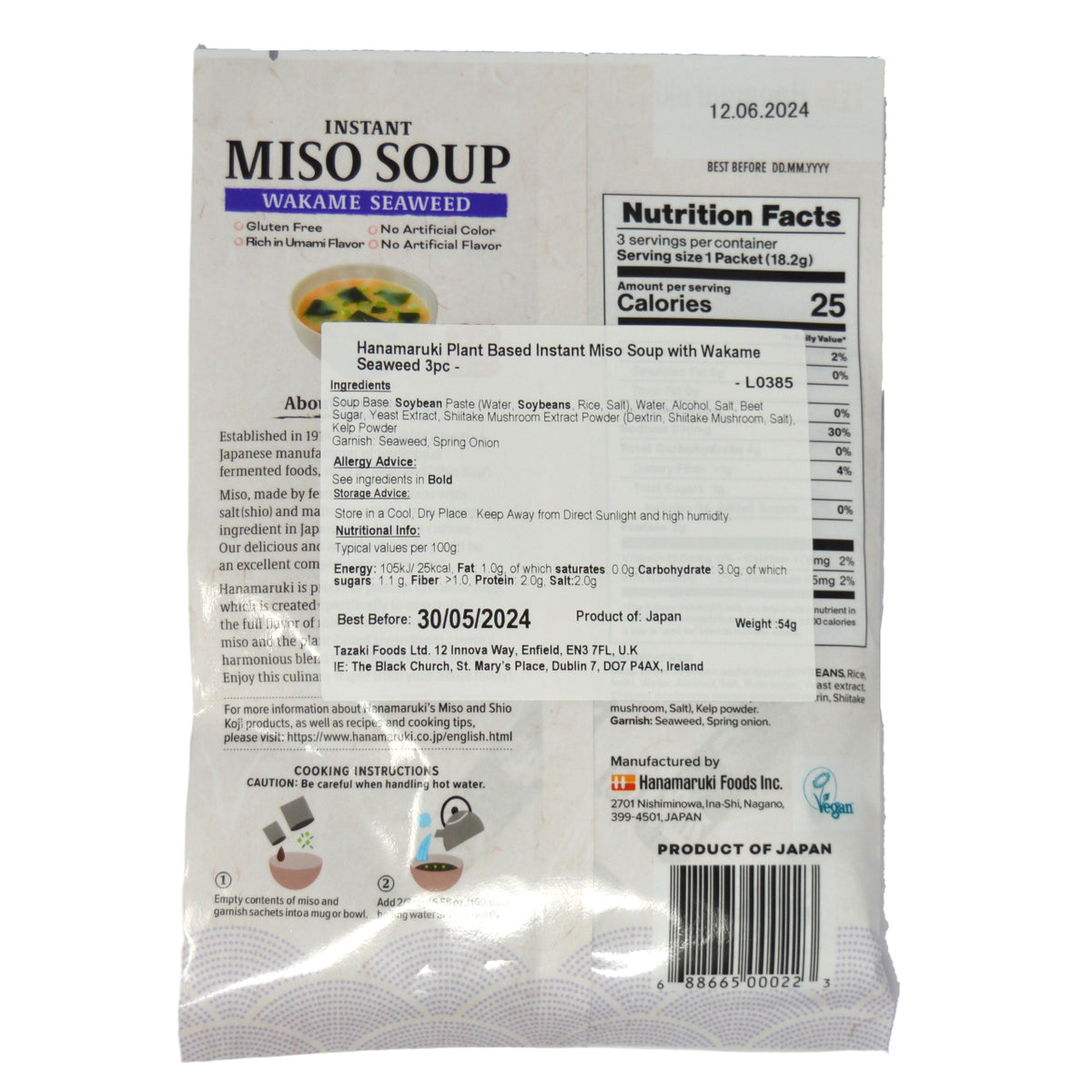 Hanamaruki Plant Based Instant Miso Soup with Wakame Seaweed 3pc