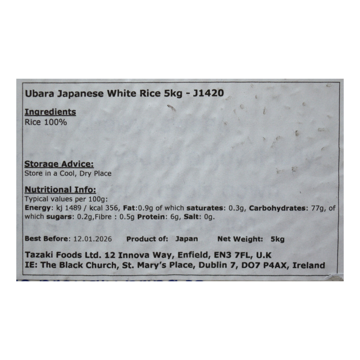 Ubara Japanese White Rice 5kg