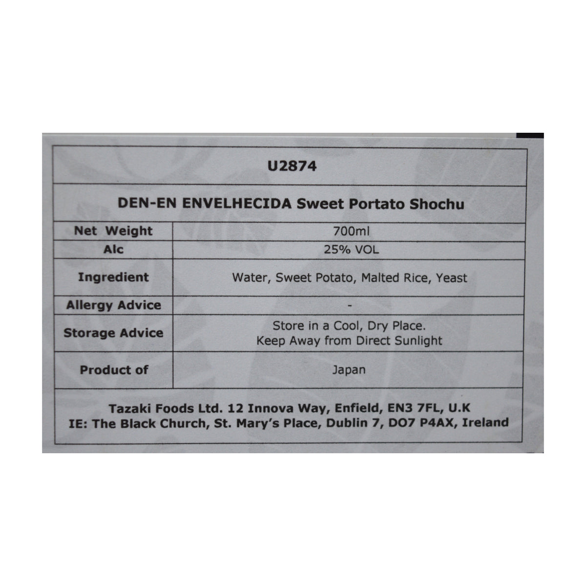DEN-EN ENVELHECIDA Sweet Potato Shochu 700ml 25%