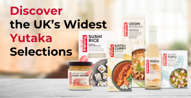 Selection of Yutaka Japanese food products including sushi rice, noodles, mirin and cooking sauces